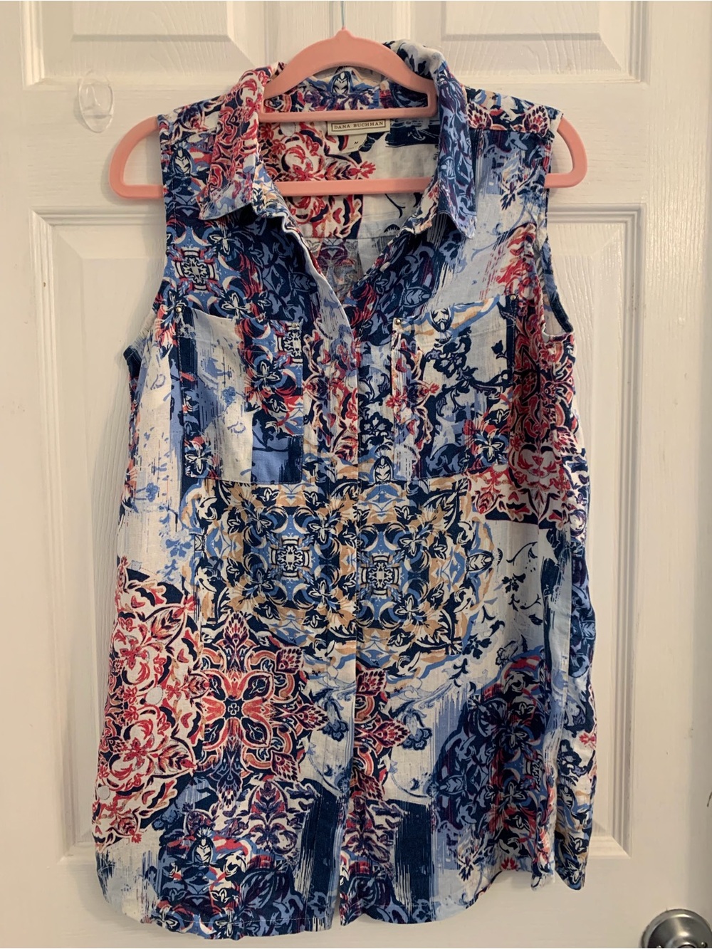 Dana Buchman Sleeveless Patchwork Print Tunic - Blue, Red, Cream. Size medium